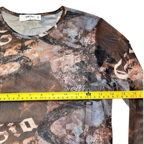 NWT Y2K 90s Sheer Mesh Cropped Top Sz.S Multi All-Over Print Fairy Grunge Goth - Picture 6 of 9